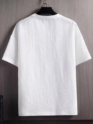 White textured round neck t-shirt for men, short sleeves, casual cotton basic style.