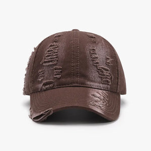 Distressed canvas baseball cap in coffee brown with ripped details.