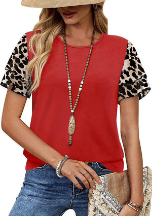 Red t-shirt with layered ruffled short sleeves in animal print.