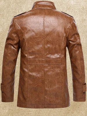 Men's brown faux leather sport jacket with textured finish and buttoned cuffs.
