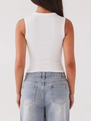 White ribbed knit button-down crop top with a high neckline.