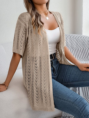 Open-knit chevron sleeve cardigan in tan acrylic with short sleeves and an open front.