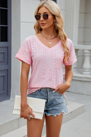 Pink perforated pocket tee with rolled sleeves and V-neck