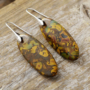 Verdant Stone Elongated Drop Earrings with silver hooks and natural stone pattern