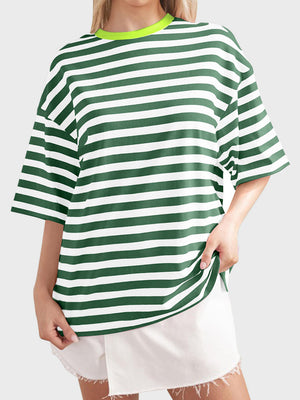 Oversized green and white striped tee with dropped sleeves and a neon green neckline.