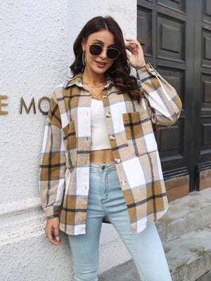 Oversized plaid shacket in Khaki with gold buttons and chest pockets.
