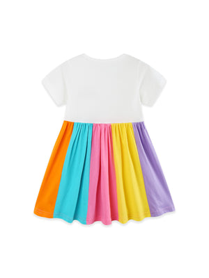 Toddler rainbow striped dress with short sleeves and a gathered skirt in orange, blue, pink, yellow, and purple cotton.