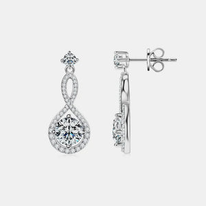 Infinity drop earrings with aquamarine and white stones, silver metal.