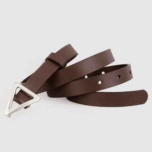Brown cowhide leather belt with silver triangle buckle and adjustable holes