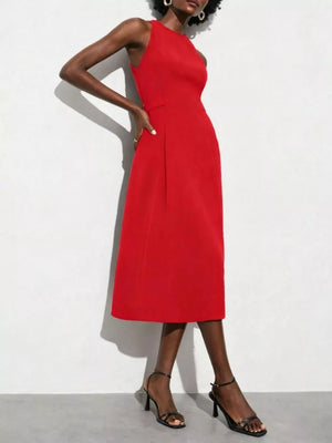 Red A-line midi dress with high neckline, defined waist, and subtle pleats.