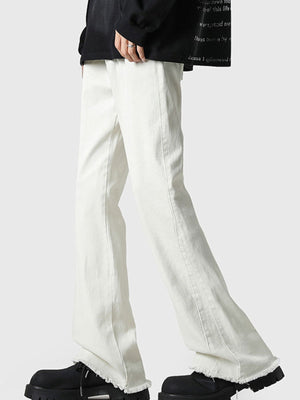 Men's white 100 cotton flare jeans with raw hem detail