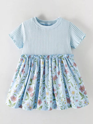 Light blue ribbed knit baby dress with floral print skirt and ruffled detail