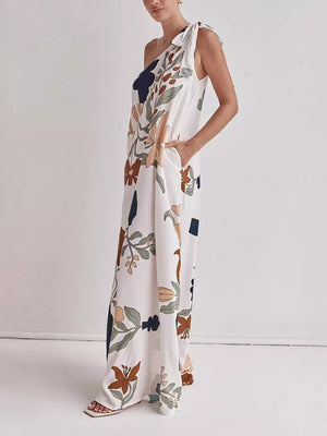White floral one-shoulder maxi dress with tie detail and pockets