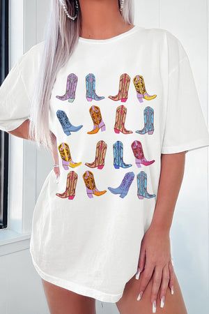 White oversized tee dress with colorful boot print graphic, casual boho style