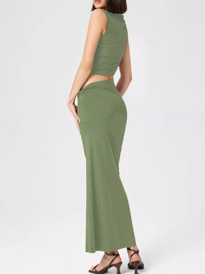 Asymmetrical Ruched Knit Top And Skirt Set in Yellow Green, fit detail