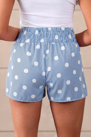 Blue and white striped polka dot shorts with elastic waist and pockets.