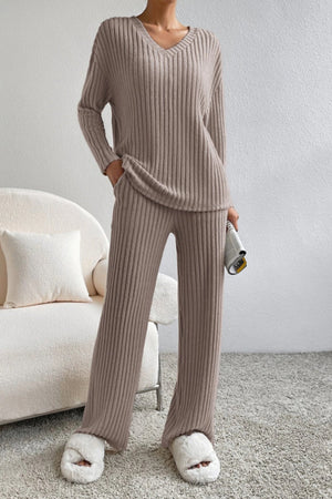 Cozy ribbed knit lounge set in camel with V-neck sweater and wide-leg pants.
