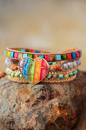Multicolor heart stone wrap bracelet with beads and leather cord.