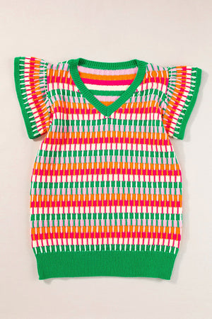 Geometric knit flutter sleeve top in green and orange with a V-neck.