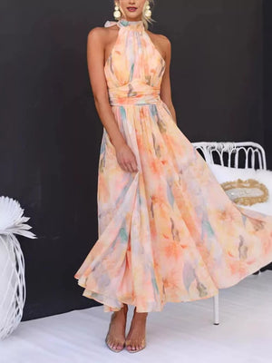 Full Size Halter Neck Floral Maxi Dress in Sherbet, front view