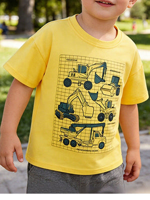 Toddler crew neck t-shirt with construction vehicle graphic, casual style.