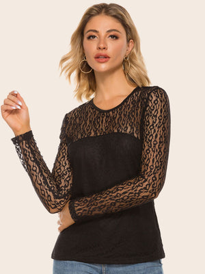 Black sheer leopard lace overlay blouse with long sleeves and a round neckline.