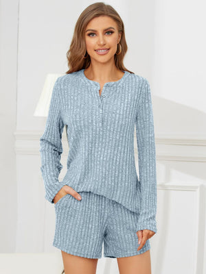 Light blue ribbed henley lounge set with button detail and shorts.