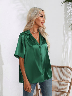 Emerald satin collared short sleeve button-up shirt with a relaxed fit.