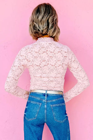 Floral Lace Long Sleeve Stand Neck Top, close-up detail