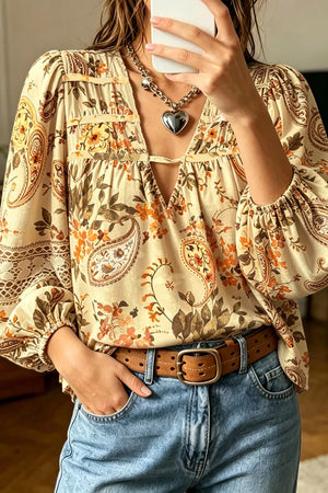 Paisley Print V Neck Shift Blouse in Pastel Yellow, front view
