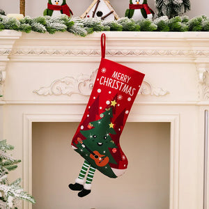 Animated Christmas stocking with 3D tree playing guitar, red with white polka dots and Merry Christmas text.