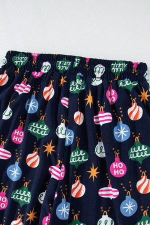 Navy blue lounge pants with festive bauble print and elastic waistband.
