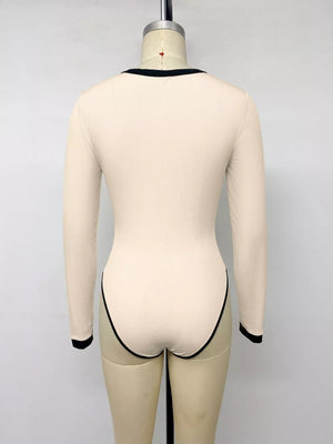 Ribbed V-neck Long Sleeve Bodysuit in Tan, fit detail
