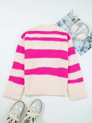 Bold striped acrylic sweater with crew neck and long sleeves.