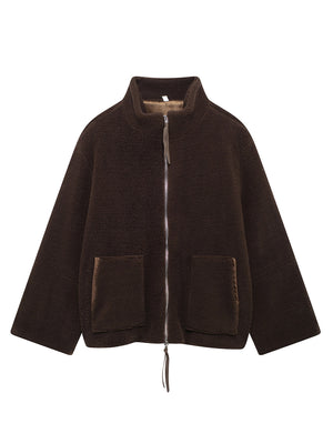 Brown sherpa stand-collar jacket with zip front and two patch pockets.