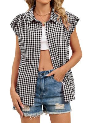 Black and white gingham cotton shirt with cap sleeves and button-down front.
