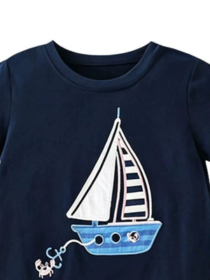 Navy t-shirt with sailboat graphic and crab anchor detail