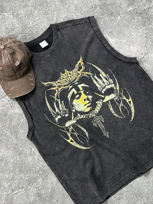 Black vintage wash graphic tank top with a distressed look and bold yellow graphic.