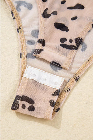 Mock Neck Sheer Mesh Leopard Bodysuit in Khaki, view 13