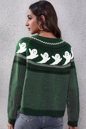 Green acrylic crewneck sweater with white ghost pattern and jacquard knit.