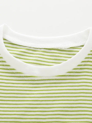 Baby girls' green and white striped cotton top with white trim neckline