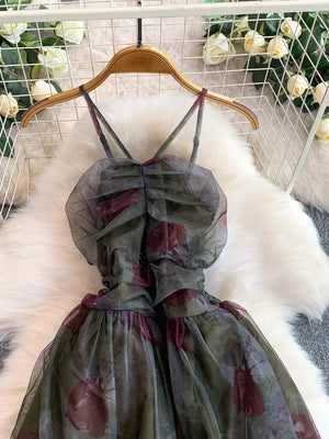 Romantic floral mesh maxi dress in Army Green with ruched bodice and ruffled hem.