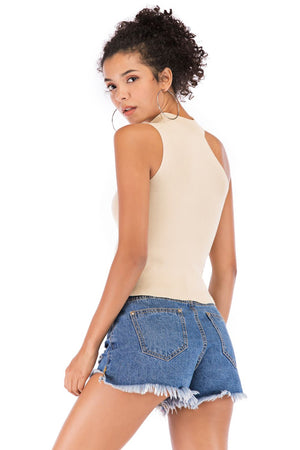 Sand asymmetric cut-out ribbed knit tank top with mock neck