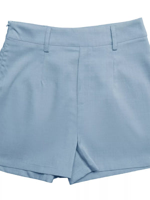 Light blue tailored shorts with a high waist and buttoned front detail.
