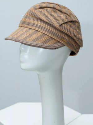 Elegant woven newsboy cap in beige and camel stripes with a breathable weave.