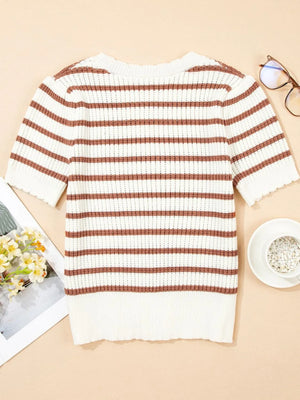 Scalloped-trimmed striped knit top in caramel and white with short sleeves.