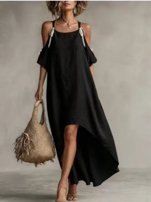 High-low Cold Shoulder Maxi Dress in White, back view