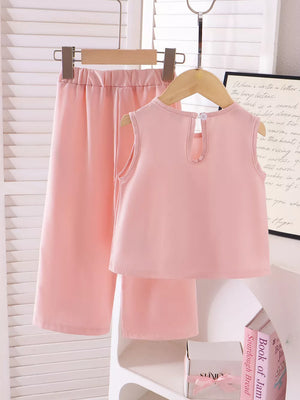 Children's Bow Tank And Pants Set in Pink, fabric detail