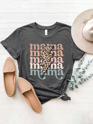 Dark Gray Mama Bolt Graphic T-Shirt with leopard print lightning bolt and pastel text.