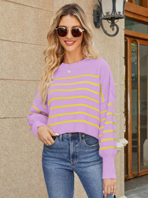 Cropped knit sweater in Heliotrope Purple with yellow stripes, balloon sleeves, and crew neck.